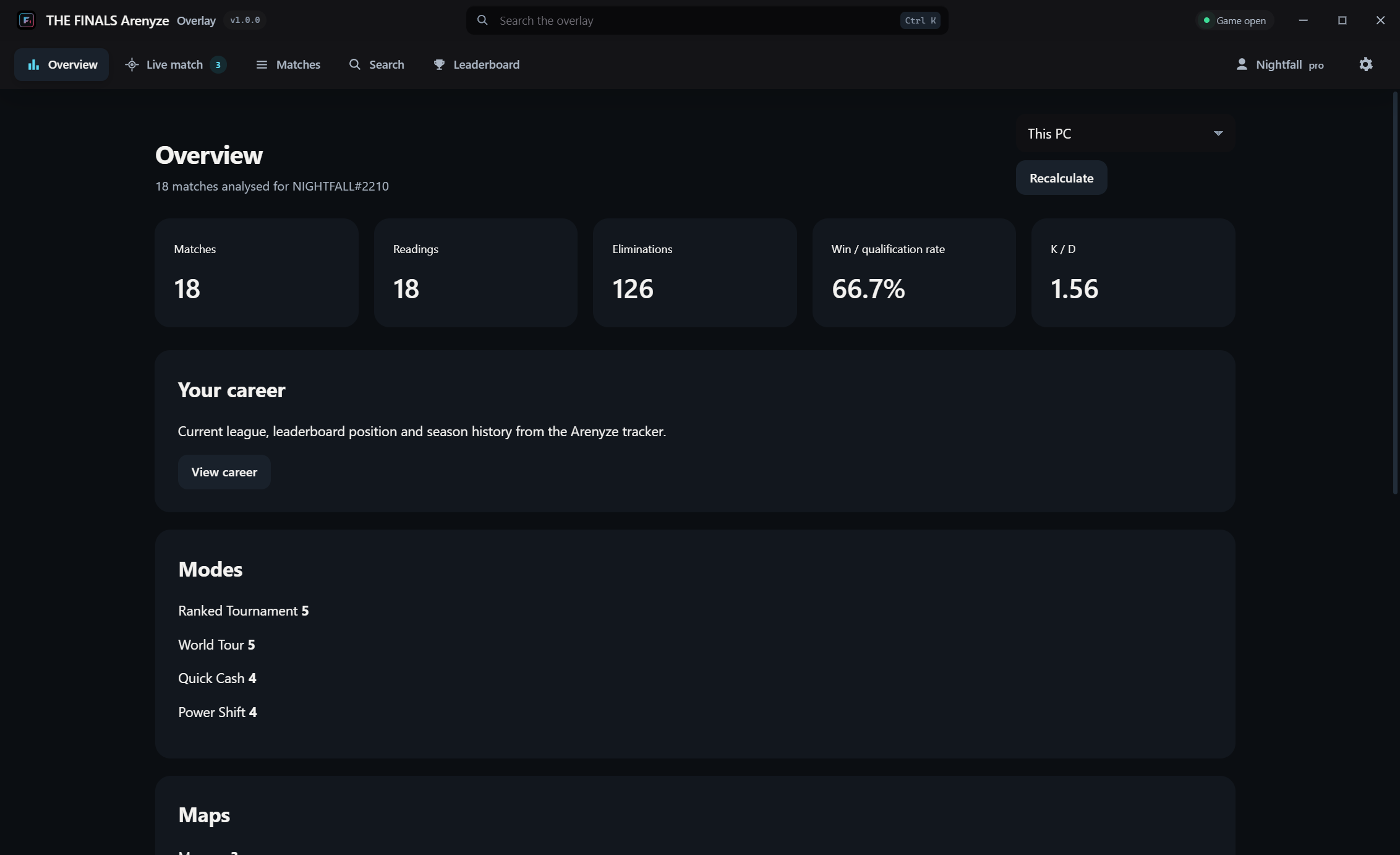Overview dashboard with win rate, K/D and per-mode breakdown