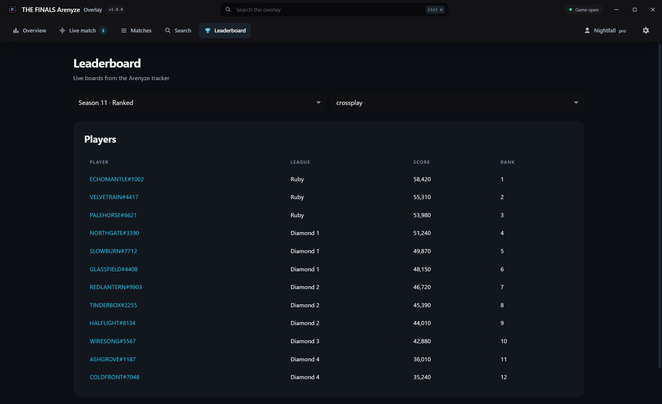 Live THE FINALS leaderboard inside the overlay
