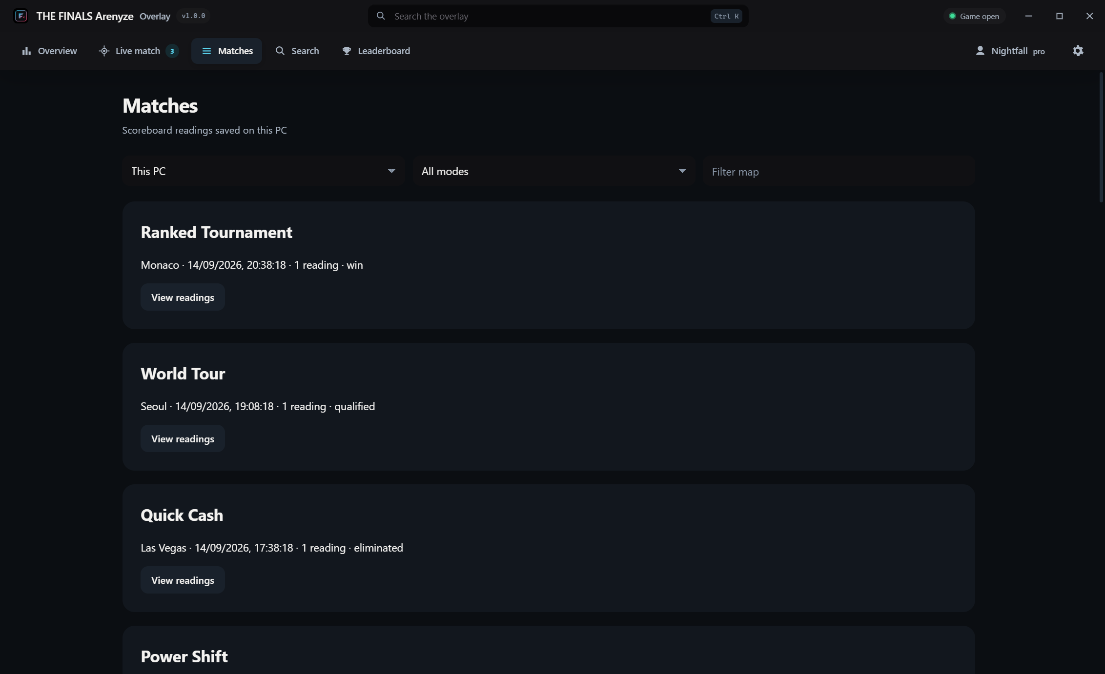 Match history with mode, map, result and readings for each match