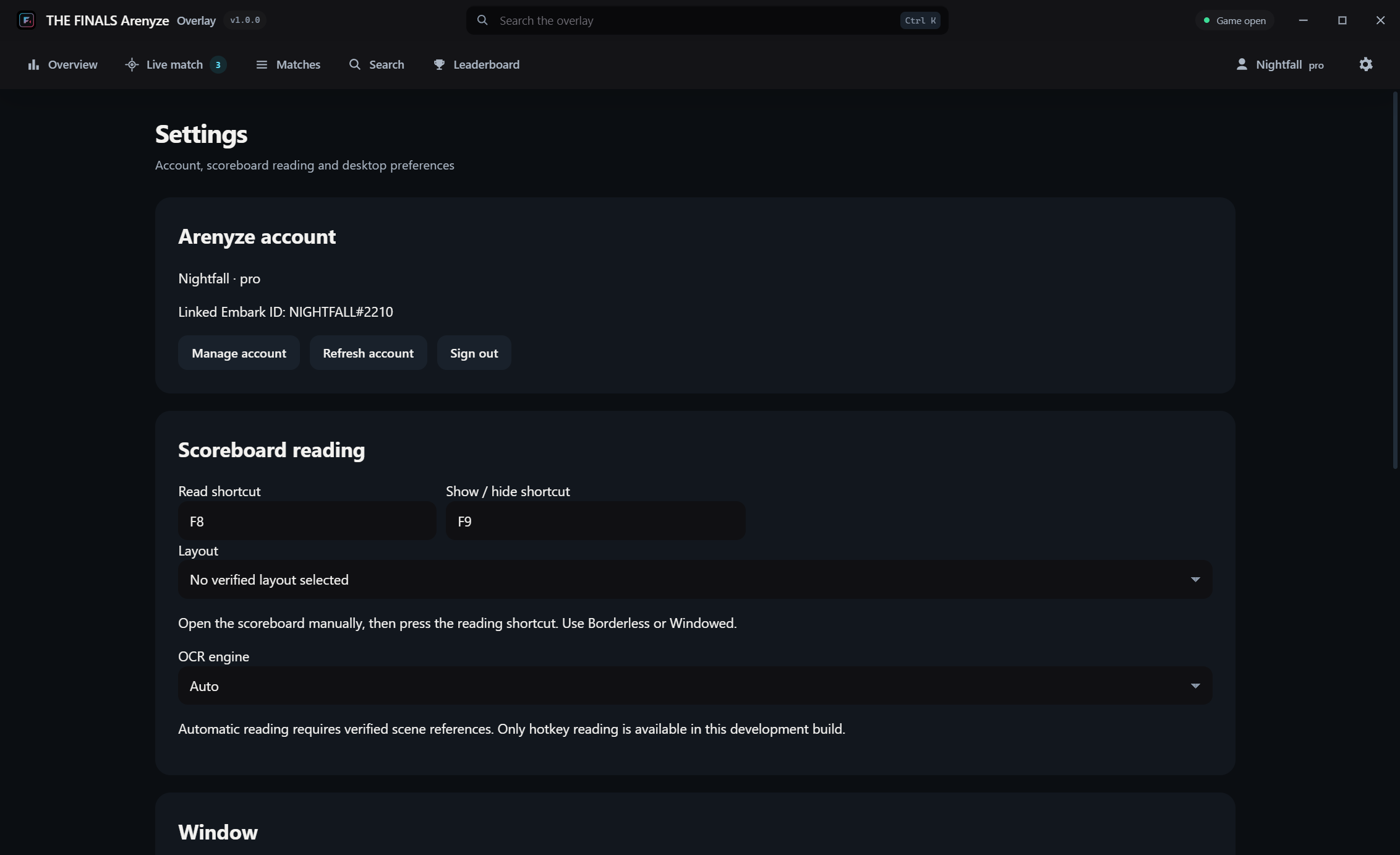 Overlay settings: reading hotkey, OCR engine, always on top, Discord presence